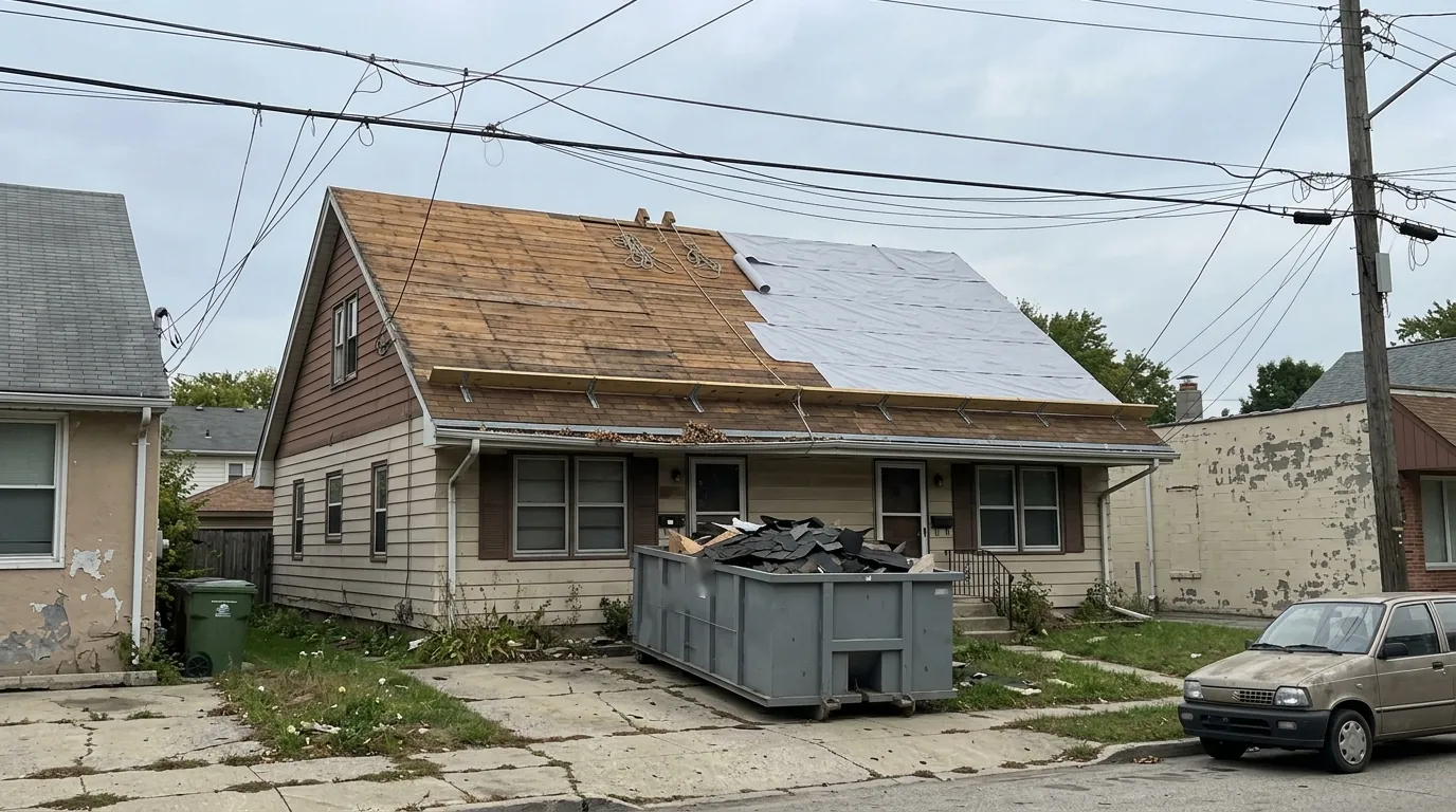 Roof stripped to wood decking with new underlayment and a dumpster of old shingles in the driveway