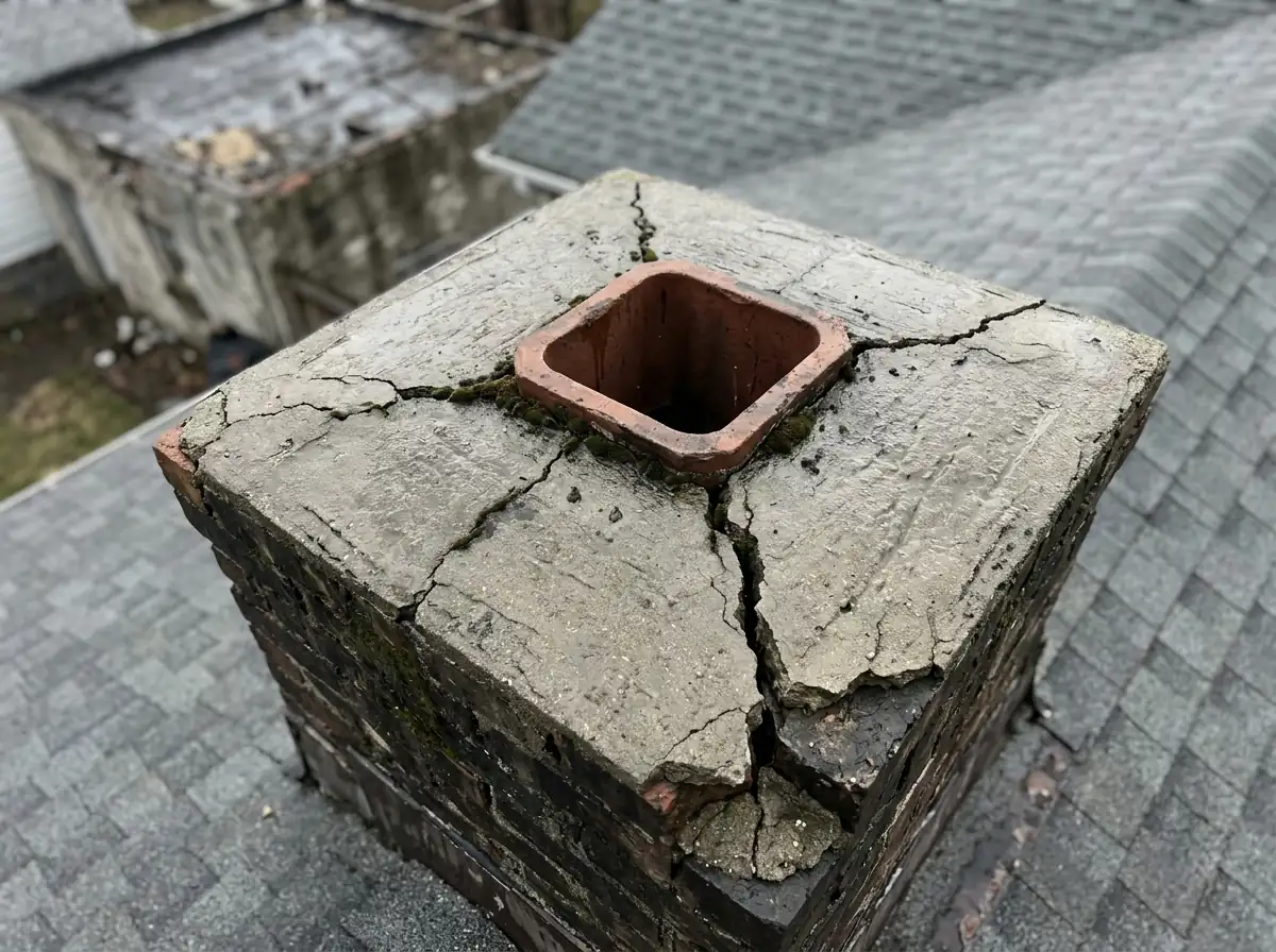 Cracked concrete crown with moss around a clay flue tile on top of a brick chimney