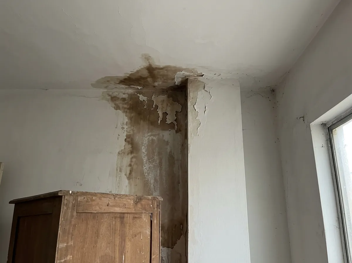 Brown water stain and peeling paint on the ceiling and wall where a chimney chase meets the ceiling