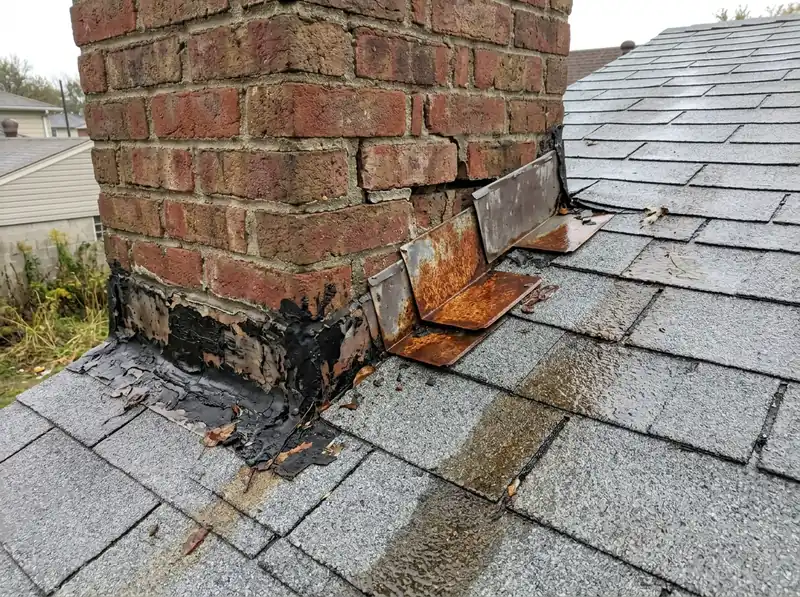 Rusted step flashing lifting away from a brick chimney with cracked tar at its base