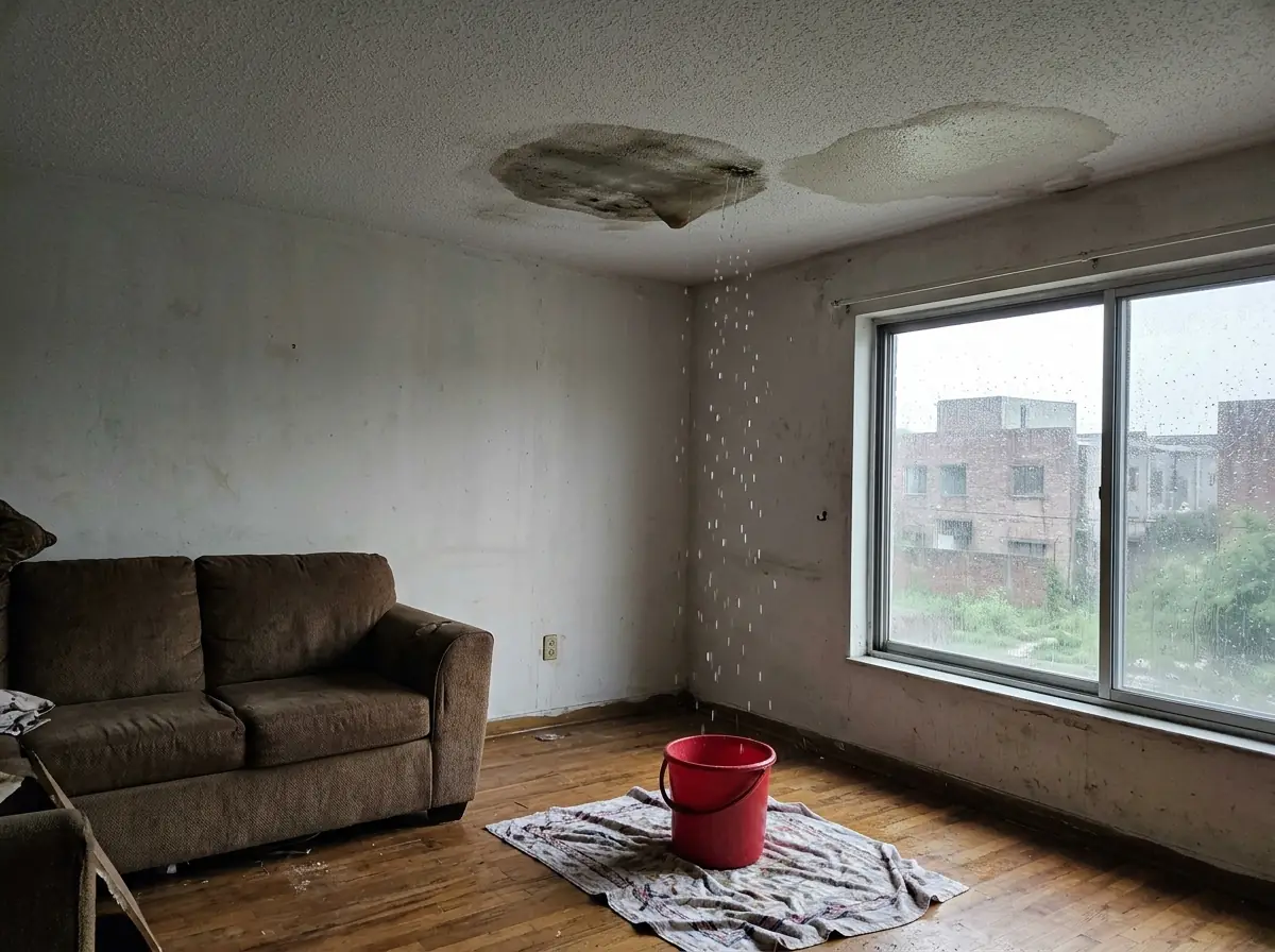 Water dripping from a stained, sagging ceiling into a red bucket on a towel in a living room