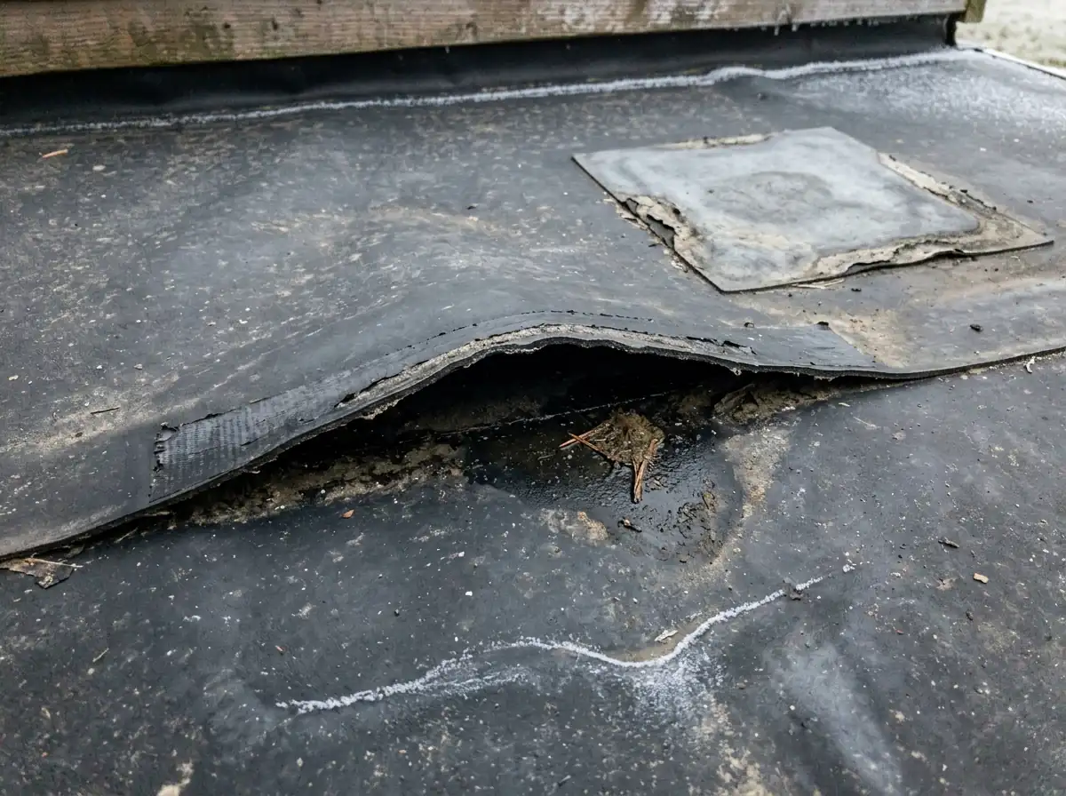 Lifted, open seam on a black EPDM rubber flat roof with a gap underneath