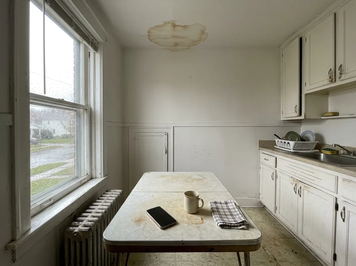 Kitchen table with a phone and coffee mug below a water stain on the ceiling