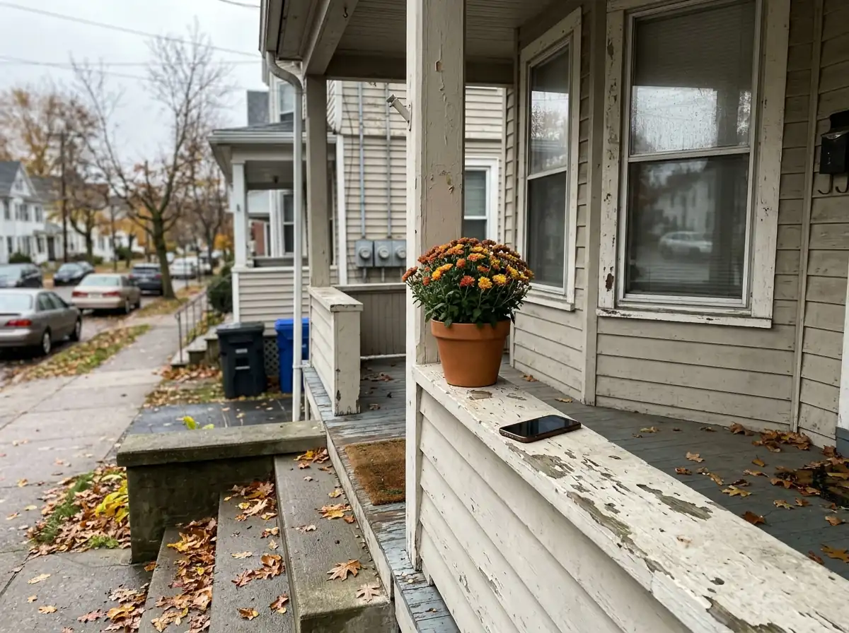 Phone resting on a front porch railing next to a pot of mums on a fall day