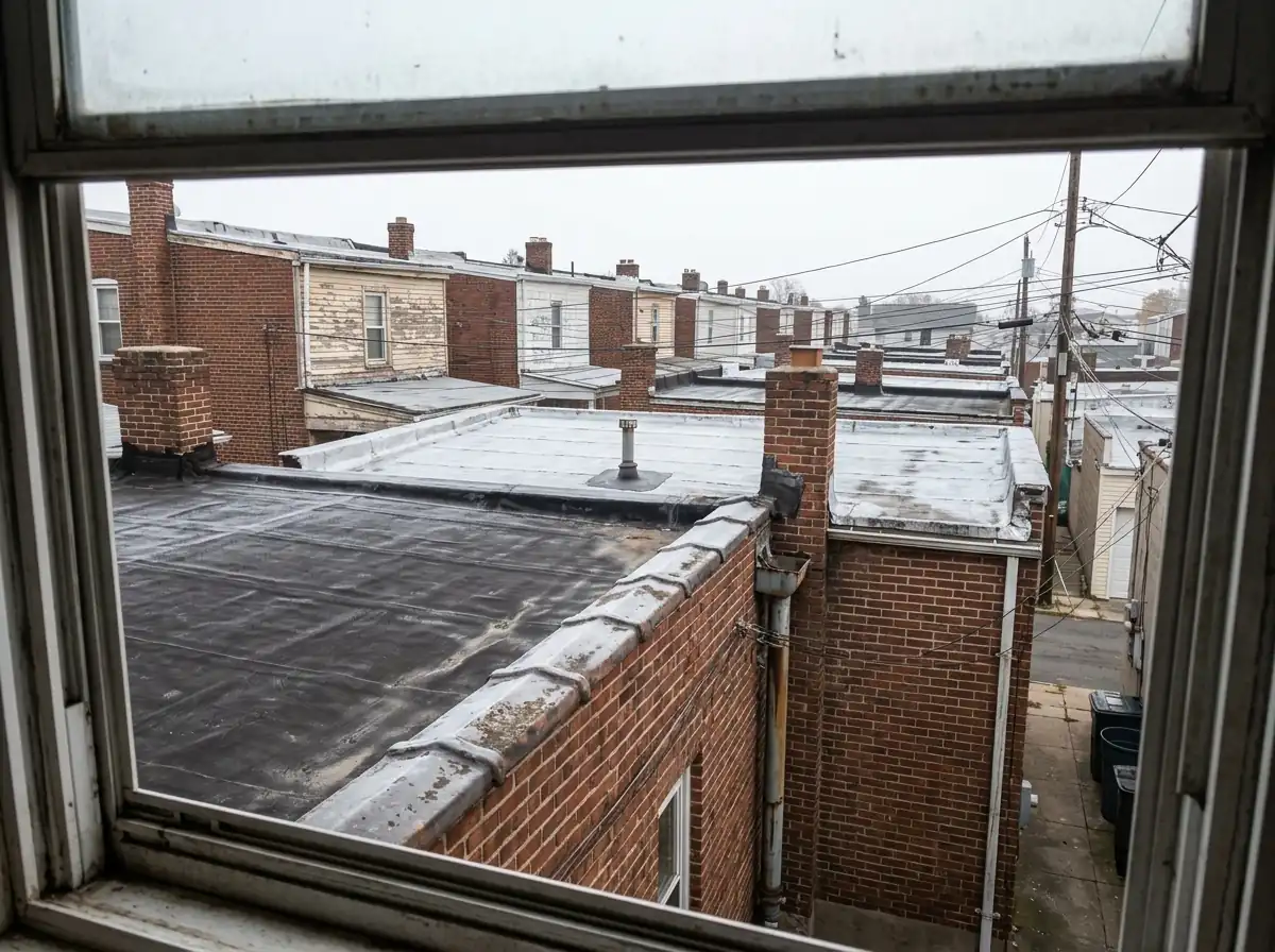 Black rubber and silver-coated flat roofs on attached brick rowhouses seen from a back window