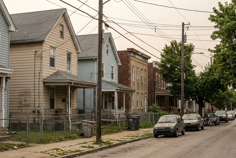 Frame houses with shingle roofs beside brick rowhouses on a hazy residential street