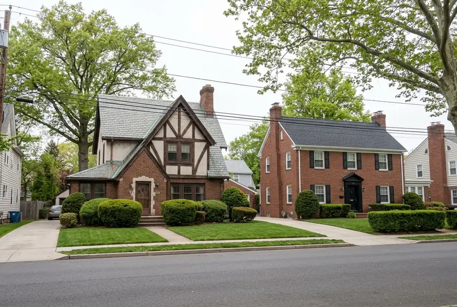 Tudor home with a slate roof beside a brick Colonial with a shingle roof under tall trees