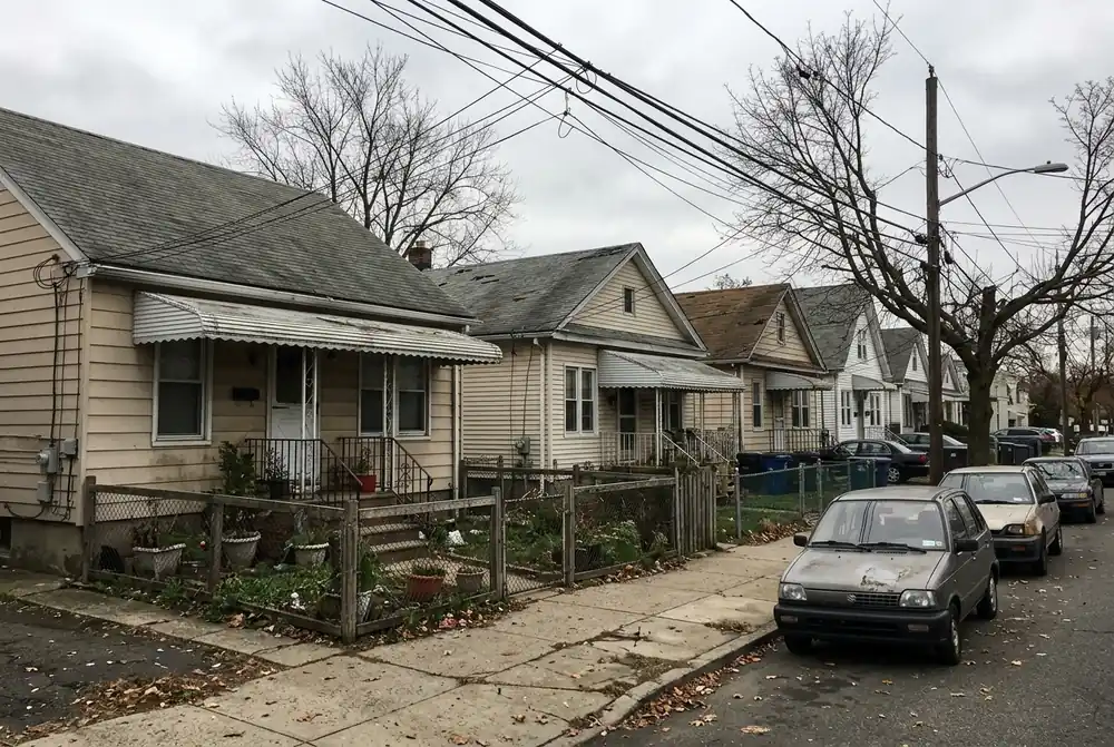 Small closely spaced frame homes with low shingle roofs and metal awnings on a fall street