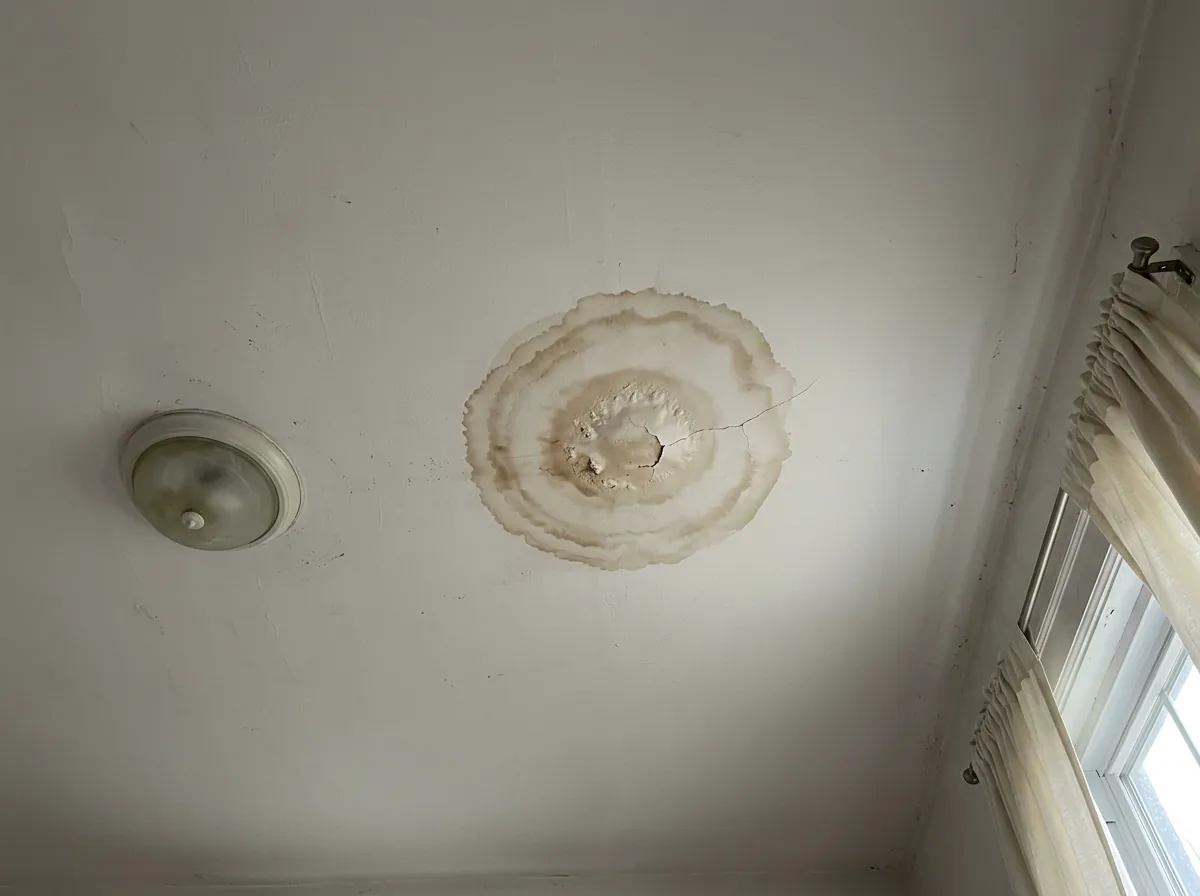 Brown ringed water stain with a crack on a white bedroom ceiling next to a light fixture