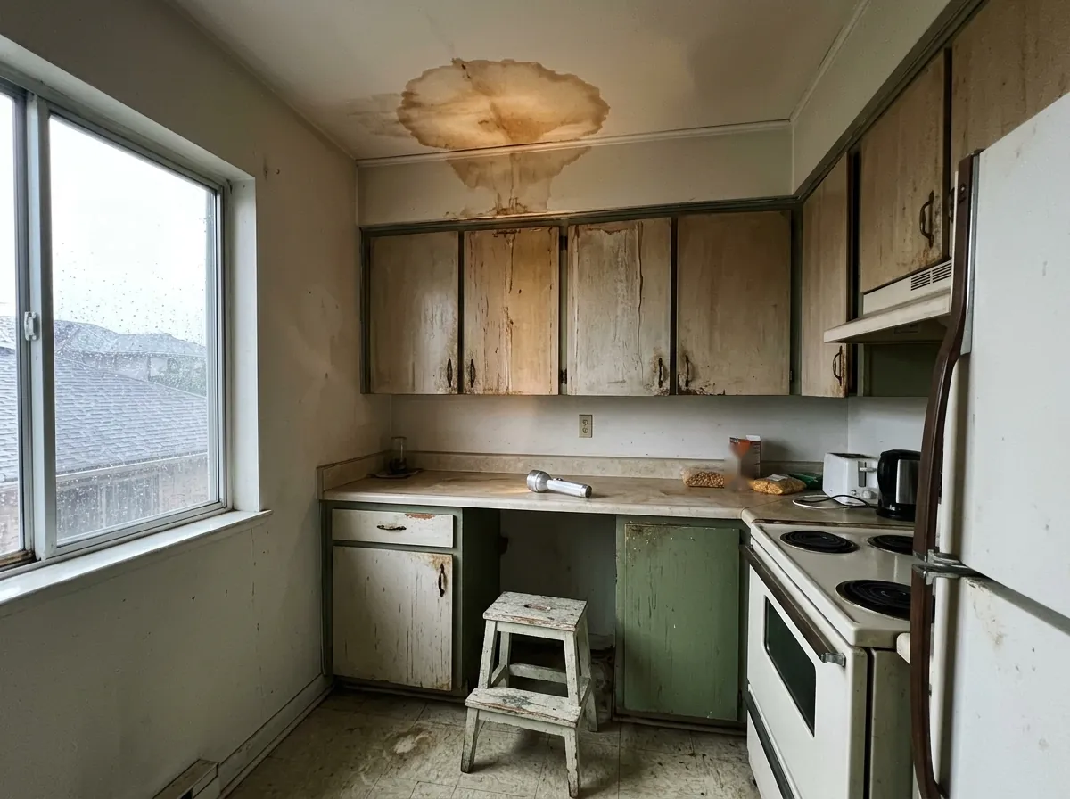 Large brown water stain on a kitchen ceiling above old cabinets, with a flashlight and step stool