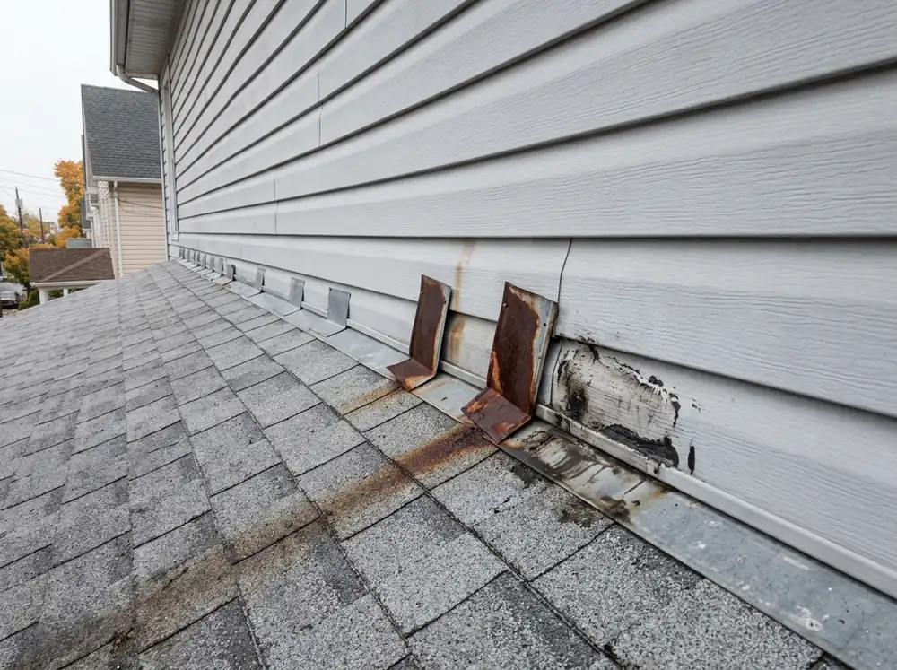 Rusted, lifted step flashing along the base of siding where a shingle roof meets the wall