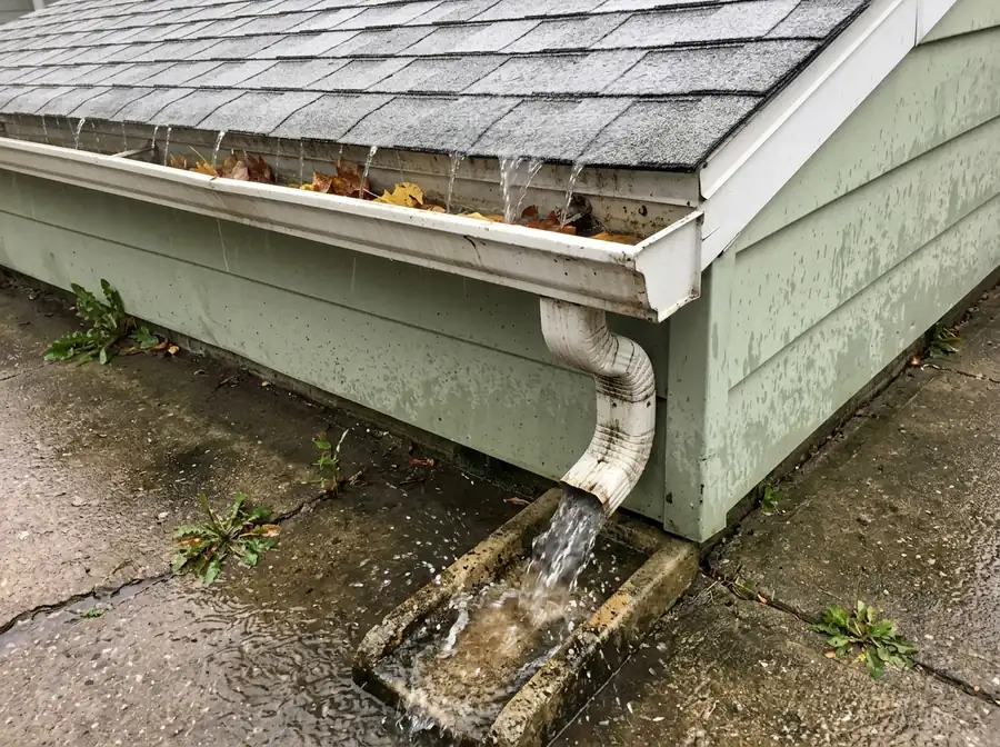 Rain overflowing a leaf-clogged gutter and pouring from a downspout onto a splash block
