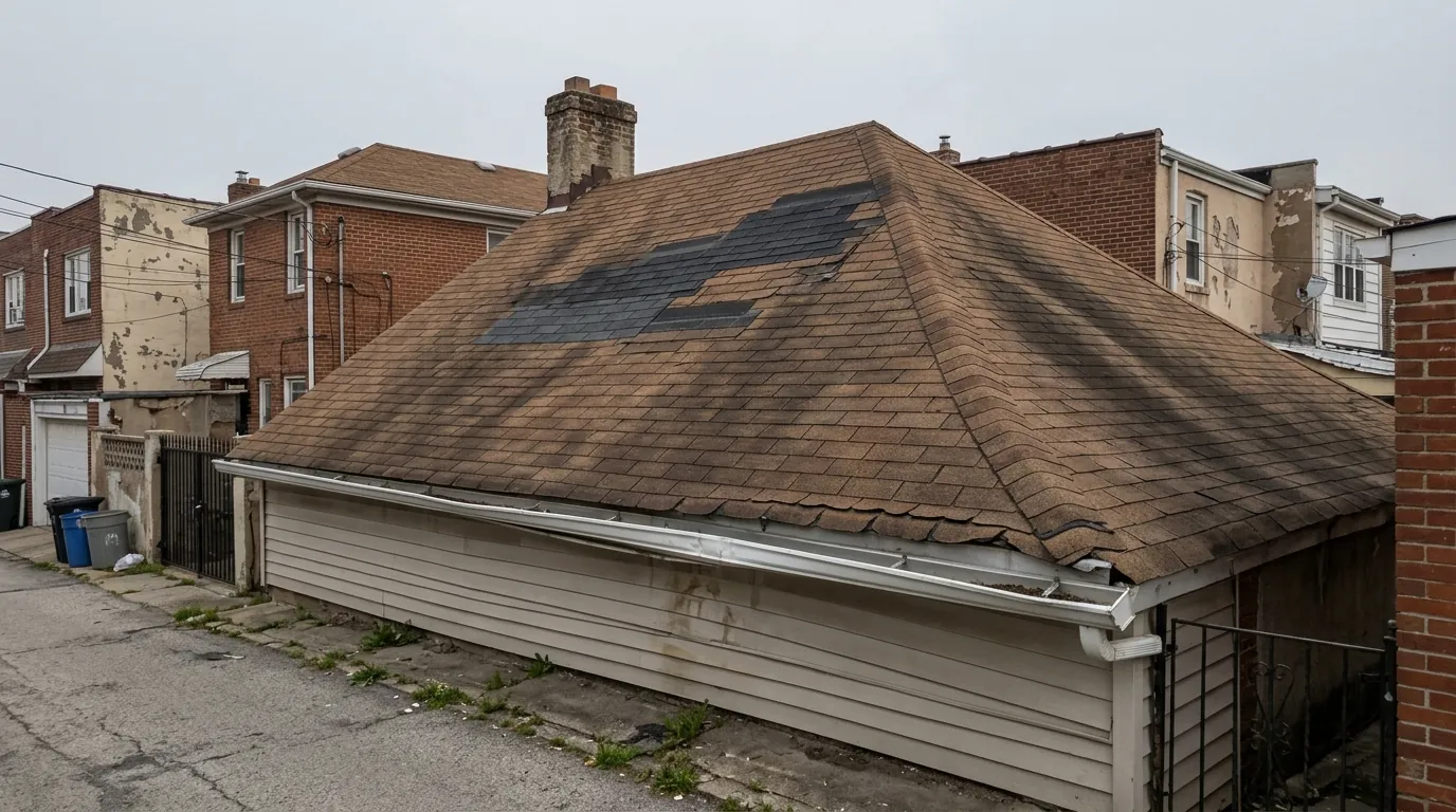 Aging brown shingle roof with dark patches of newer shingles and a sagging gutter
