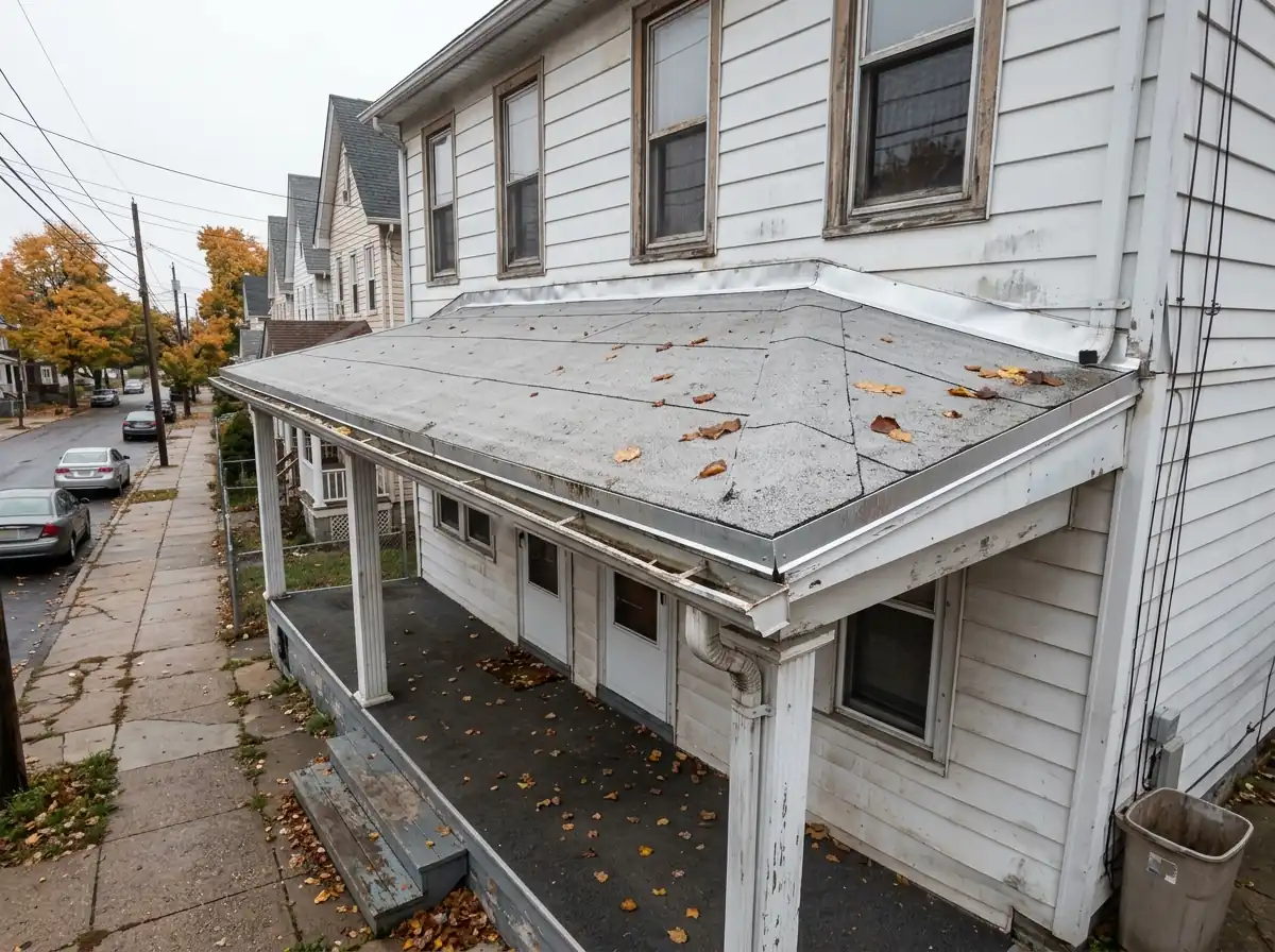 Long low-slope porch roof with fall leaves on a white two-family house beside a sidewalk