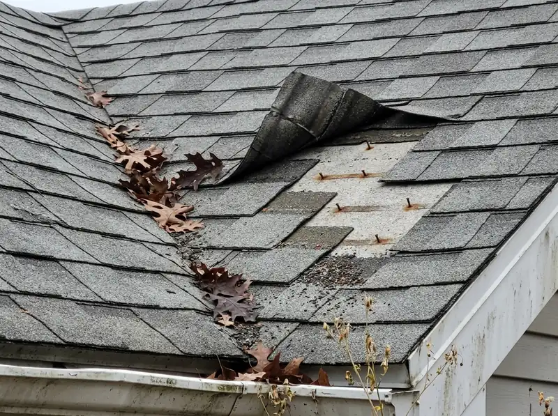 Shingle peeled back by wind and missing shingles exposing nails
