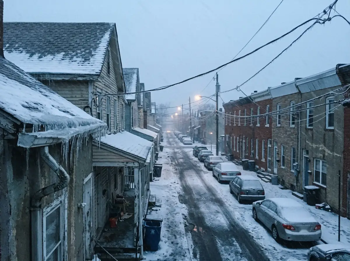 Snow, icicles and iced power lines on rowhouses and frame houses along a narrow street at dusk