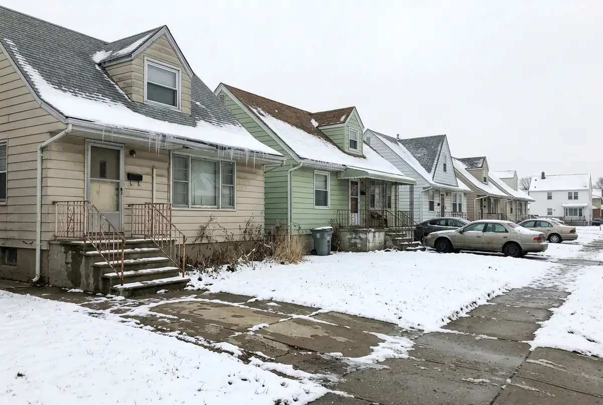 Cape Cod homes with snow and icicles on their shingle roofs